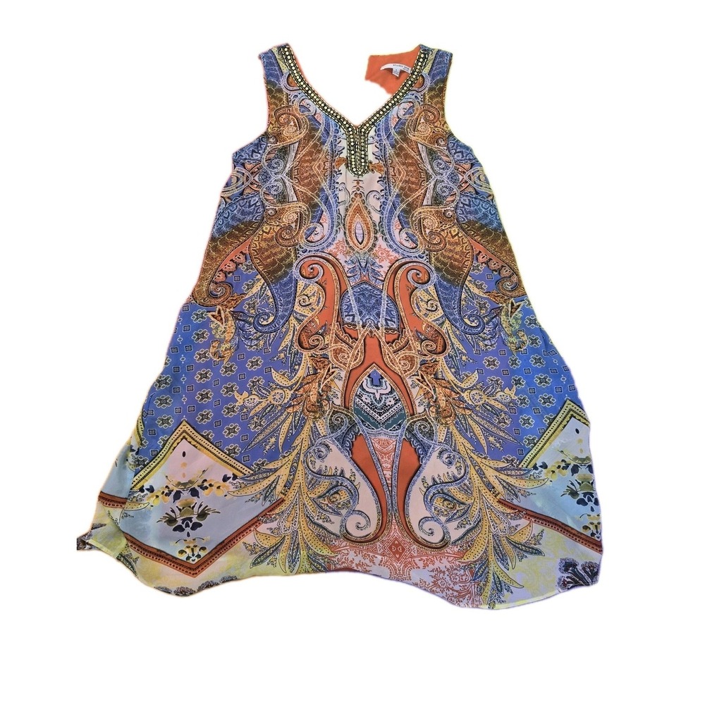 Studio One NY Women Paisley Shift Dress Size 4 Beaded‎ V-Neck Sleeveless Boho...
